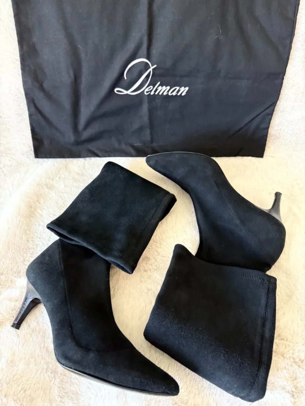 Delman Black Suede Knee-High Boots with Pointed Toe